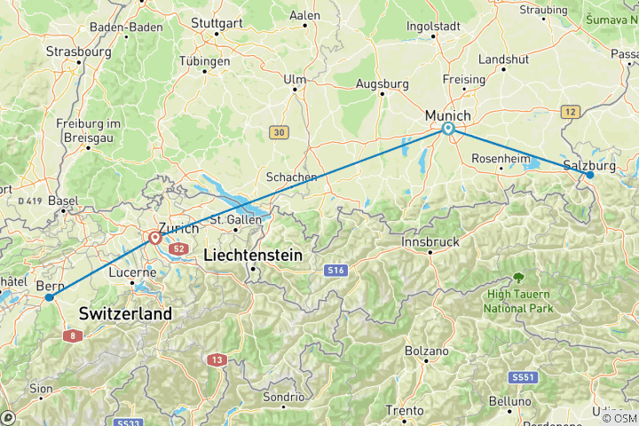 Carte du circuit 7 jours en train à Munich et Zurich : Rêves alpins et charmes bavarois