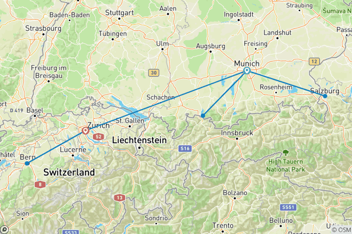 Map of 7 Days by Train in Munich & Zurich: Alpine Dreams & Bavarian Charms