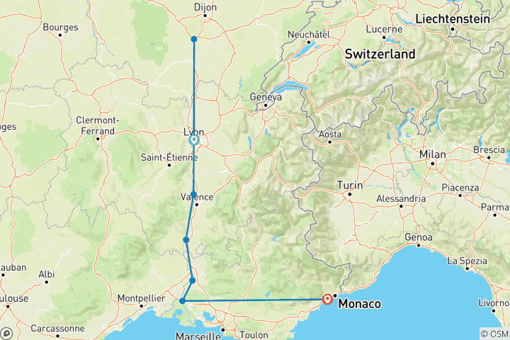 Carte du circuit Sensations de Lyon & Provence 2024|2025|2026 - 8 jours (de Lyon à Nice)