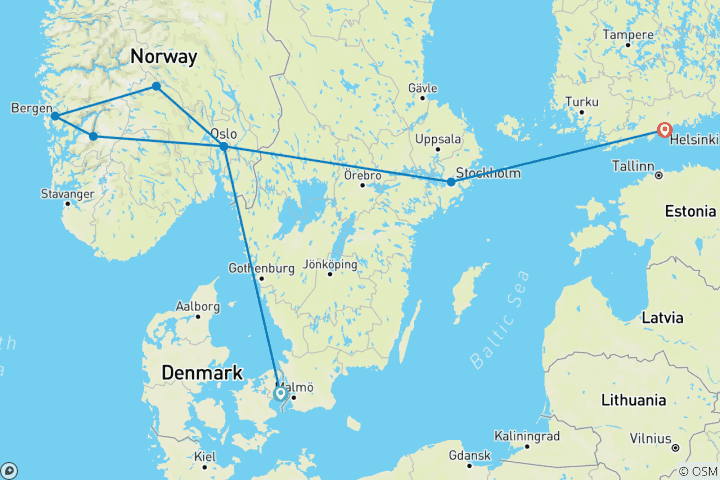 Carte du circuit Scandinavia & Beyond : Capital Vibes meet Norway Roadtrip (8 destinations)