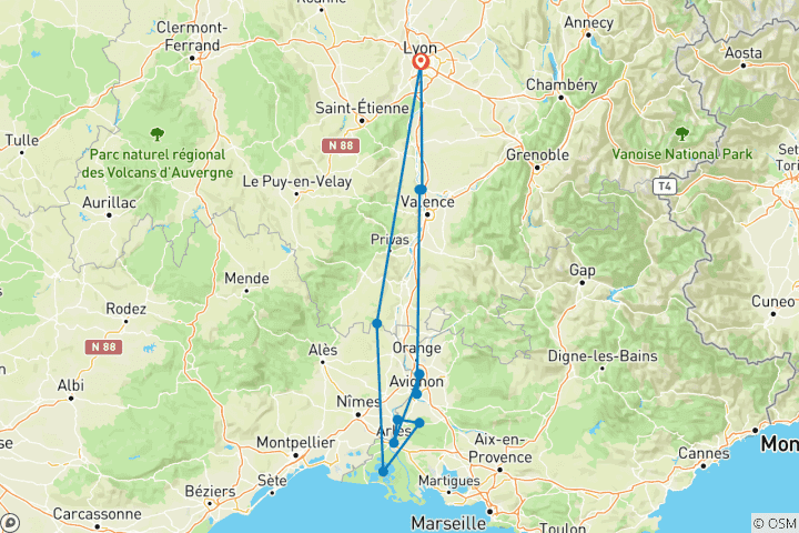Carte du circuit France | Biketour sur le Rhône | Vélo et bateau 2025