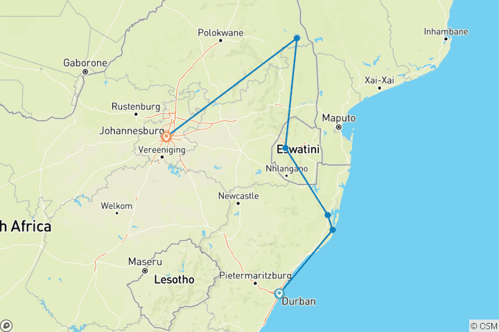 Carte du circuit Safari Kruger avec Eswatini (Départ Durban (à partir du 29 décembre 2025))