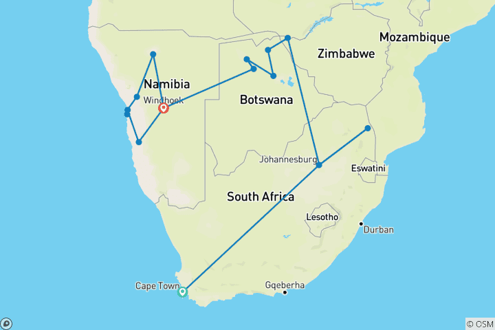 Carte du circuit Safari en Afrique australe (22 jours)