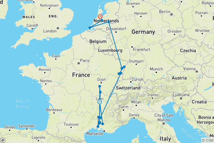 Carte du circuit Wondrous Europe 2026 - 25 jours (de Lyon à Amsterdam)