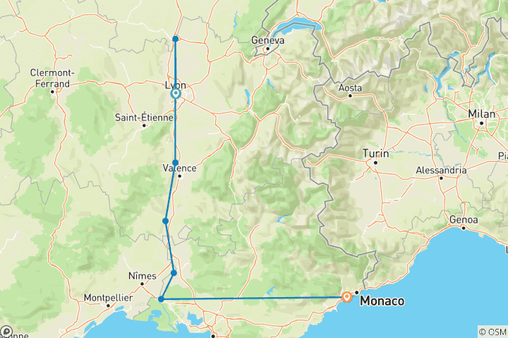 Carte du circuit Sensations de Lyon et de la Provence avec Nice 2026