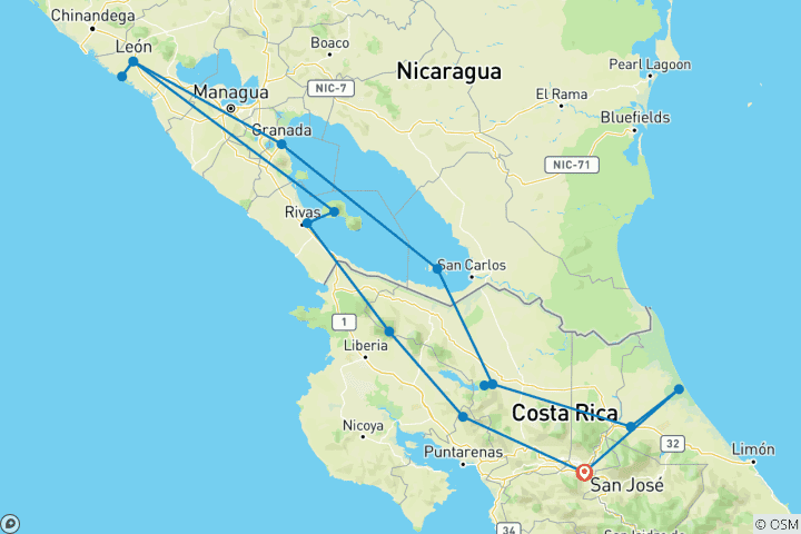 Carte du circuit Costa Rica et Nicaragua - Trésors naturels et patrimoine culturel