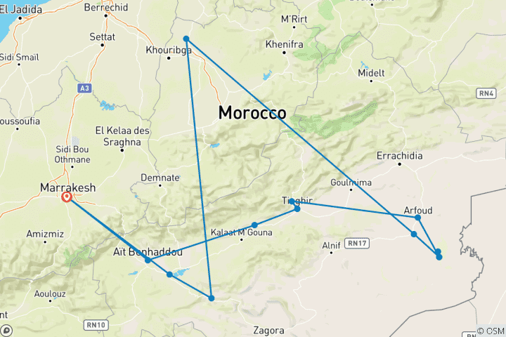 Karte von 4-tägige Marokko Tour von Marrakesch nach Merzouga Sahara Wüste