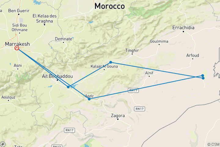 Carte du circuit Circuit privé de 5 jours au Maroc, de Marrakech au désert de Merzouga