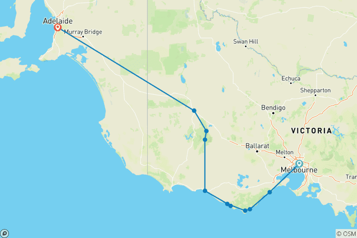 Map of 3 Day Melbourne to Adelaide Overland (One Way)