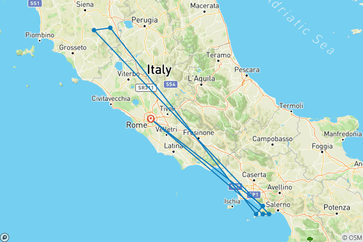 Carte du circuit Le goût de l'Italie : Toscane, Pompéi, Sorrente et Amalfi - 5 jours