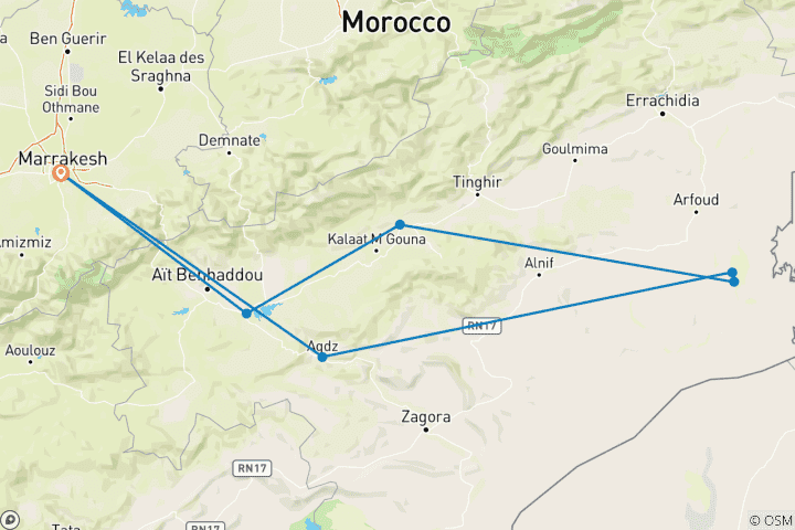 Carte du circuit Circuit privé de 4 jours de Marrakech à Merzouga Erg Chebbi / Hôtel 4 étoiles / Camp de luxe