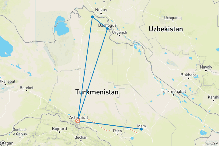 Kaart van Gepersonaliseerde 5-daagse Turkmenistan Hoogtepunten Tour, dagelijkse start