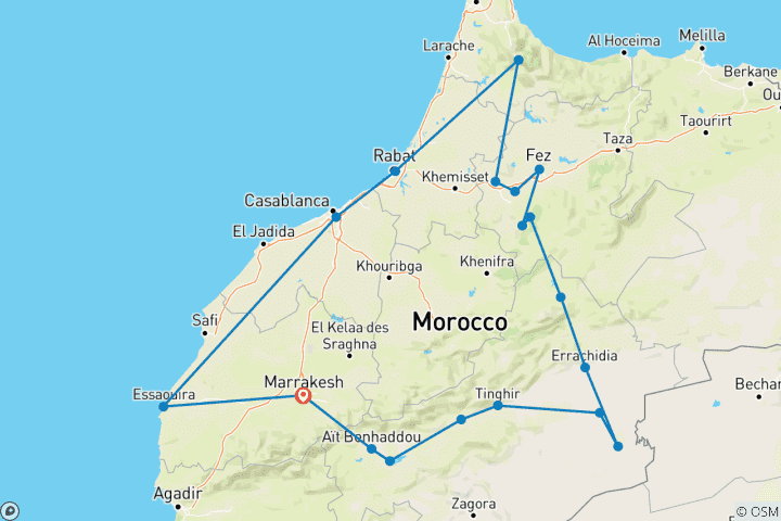 Kaart van Privé 11-daagse Marokko Keizerlijke Steden & Sahara-woestijn rondreis vanuit Marrakech