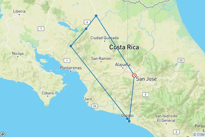 Carte du circuit Expérience à la Costa Rica (7 destinations)
