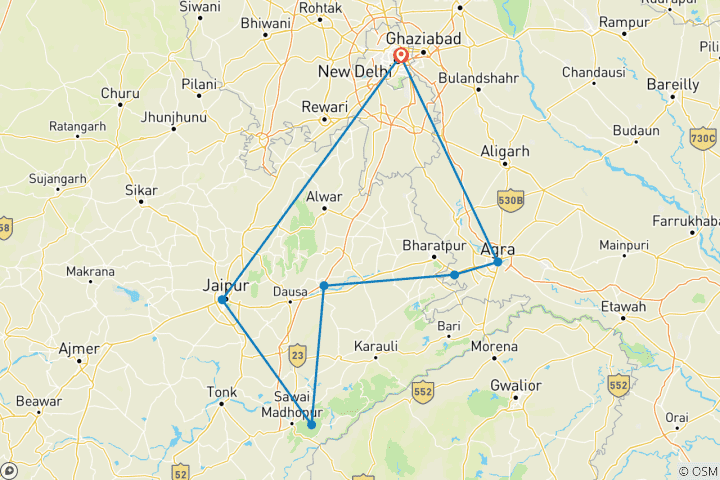 Map of 8-Day Golden Triangle Heritage Tour with Taj Mahal, Jaipur Palaces & Ranthambore Wildlife Safari