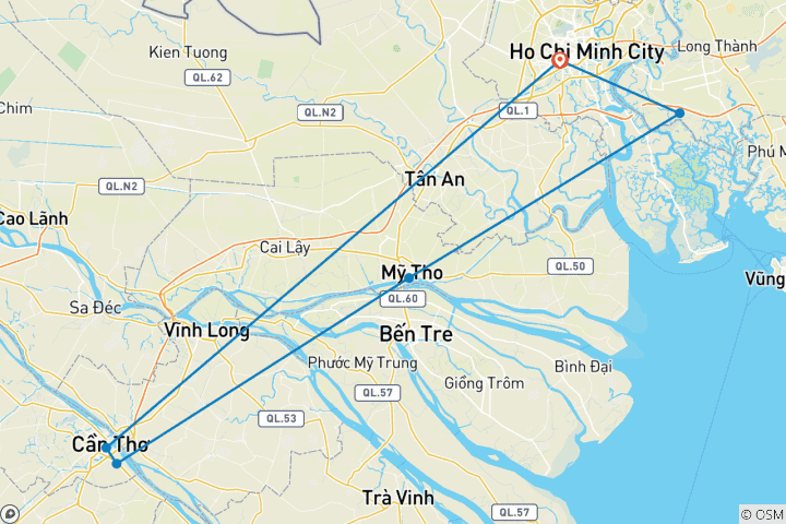 Carte du circuit Vietnam Southern Adventure 5 Day 4 Night Exploring Ho Chi Minh City- My Tho- Can Tho- Cai Rang Floating Market