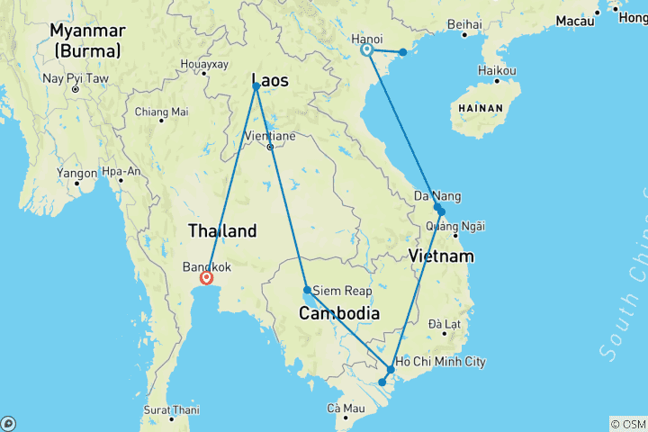 Carte du circuit Royaumes d'Asie du Sud-Est Vietnam, Cambodge, Laos et Thaïlande (de Hanoi à Bangkok) (2026)