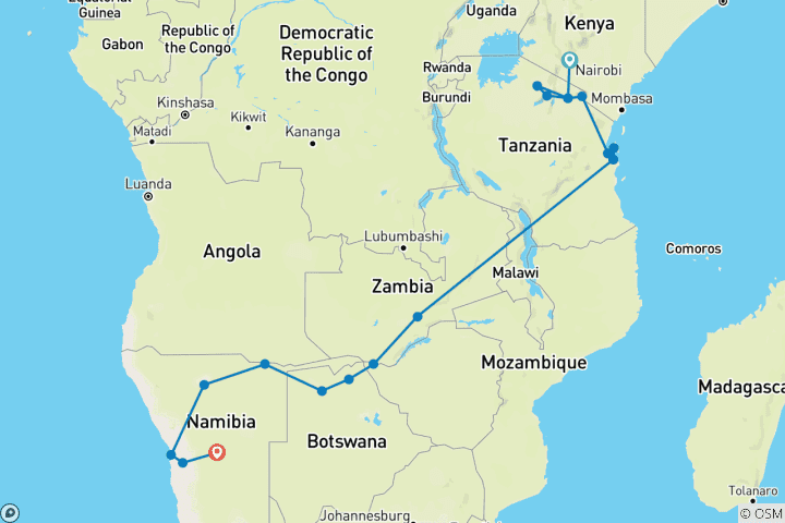 Carte du circuit Afrique familiale par voie terrestre (29 jours) (19 destinations)
