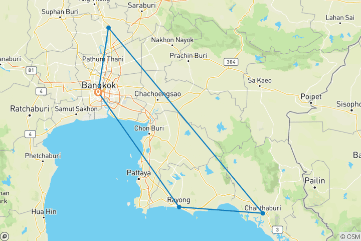 Map of Bangkok & Chanthaburi - 6 days