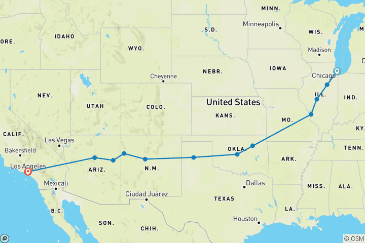 Carte du circuit Route 66 de Chicago à Los Angeles - 12 jours