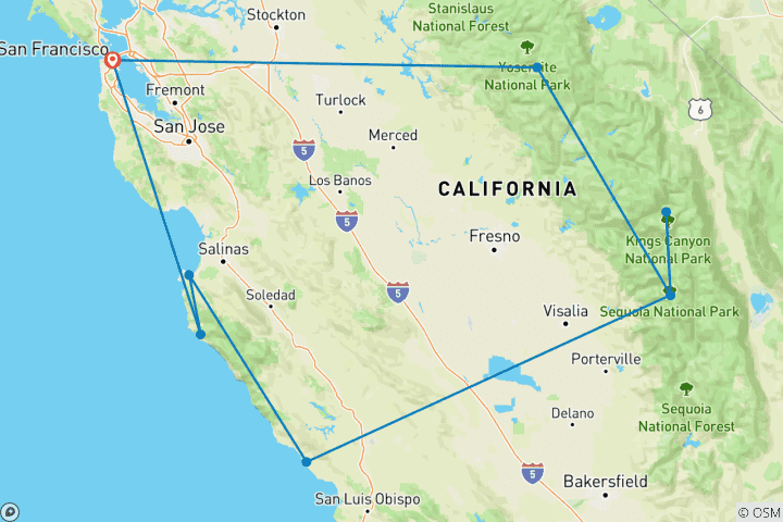 Carte du circuit Exploration de la Californie sauvage - 8 jours