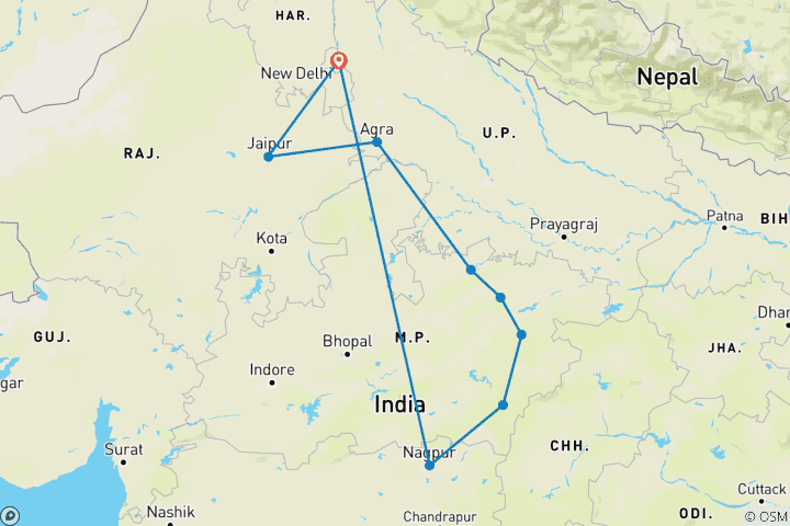 Karte von Private 14 Tage Goldenes Dreieck, Taj Mahal & Tiger Safari Tour: Delhi, Jaipur, Agra, Khajuraho-Tempel & Kanha-Bandhavgarh-Dschungelabenteuer