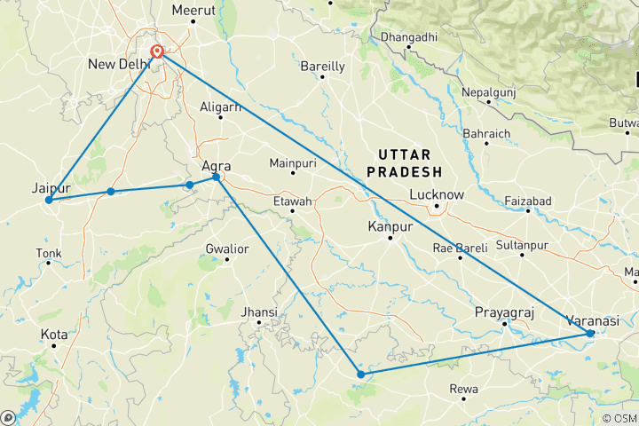 Carte du circuit Circuit privé de 10 jours dans le Triangle d'Or et l'Inde spirituelle avec l'expérience du train Vande Bharat - Delhi - Agra (Taj Mahal) - Jaipur - Temples de Khajuraho - Varanasi Ganges Aarti