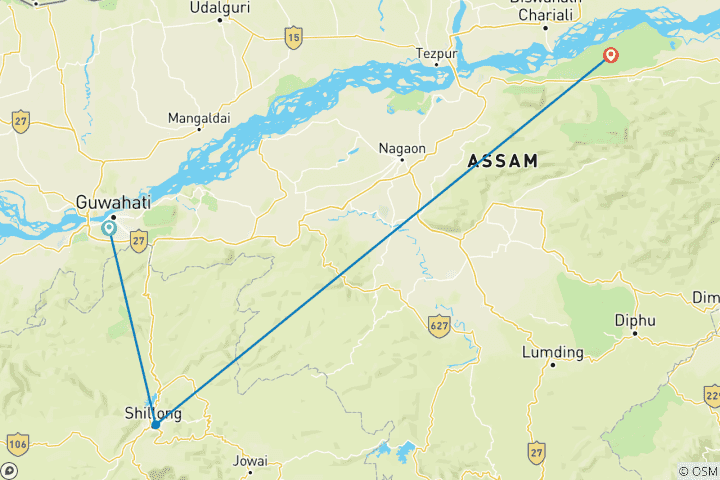 Carte du circuit 7 jours d'exploration du nord-est de l'Inde : Shillong, Kaziranga et Guwahati