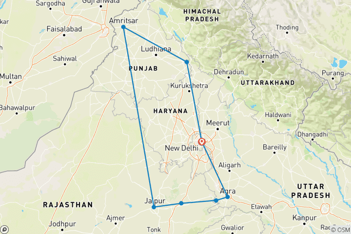Carte du circuit Le meilleur de l'Inde du Nord en 8 jours : Taj Mahal, Jaipur Forts, Golden Temple Amritsar, Chandigarh & Delhi Private Tour