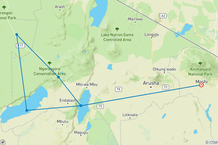 Map of 8 Days Ultimate Tanzania Safari Experience