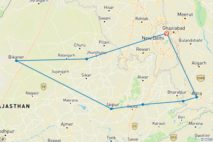 Karte von Private 8 Tage Goldenes Dreieck & Rajasthan HeriTage Tour: Delhi, Mandawa, Bikaner, Jaipur & Taj Mahal Agra