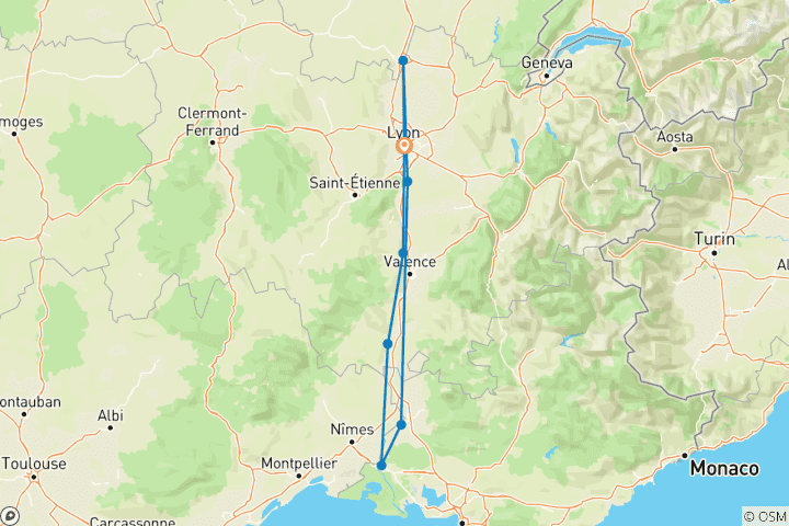 Carte du circuit Découvrez le monde fabuleux de la vigne et du vin, les terroirs d'exception du Rhône et de la Saône (croisière port à port)