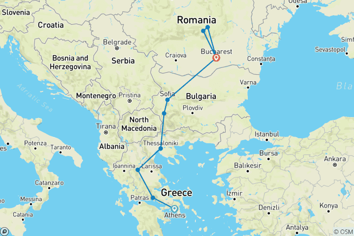 Map of Greece to Romania - 9 days
