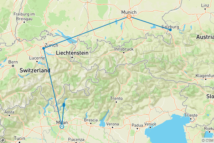 Carte du circuit Circuit de 10 jours au cœur de l'Europe : Milan, Zurich et Munich