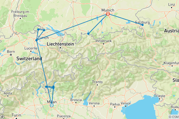 Carte du circuit Circuit de 10 jours au cœur de l'Europe en train : Milan, Zurich et Munich