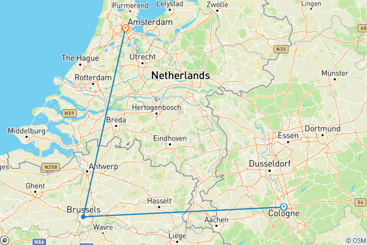 Map of 10 Days of Canals, Castles & Culture by Train: Cologne, Brussels & Amsterdam Adventure