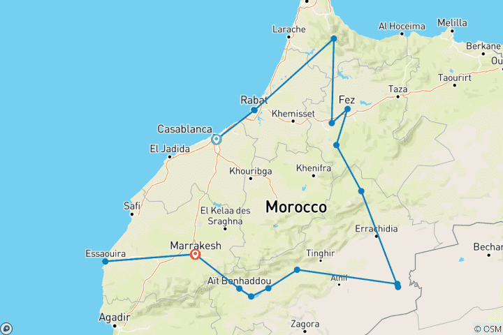 Mapa de Viaje a Marruecos en 12 días desde Casablanca por el desierto del Sahara, Fez y Chefchaouen