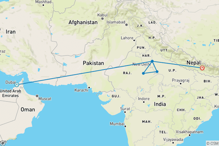 Map of Independent India & Nepal with Dubai: The Golden Triangle, Kathmandu, and Dubai 13 Days