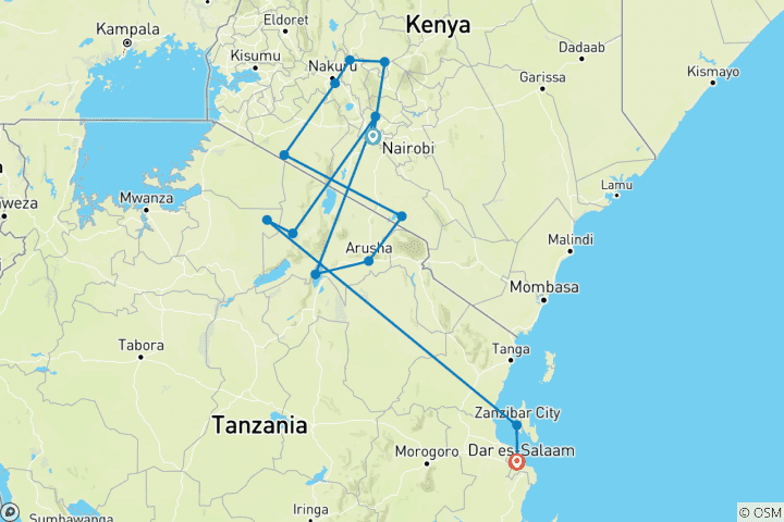 Carte du circuit Kenya et Tanzanie : l'expérience du safari avec Zanzibar 17 jours