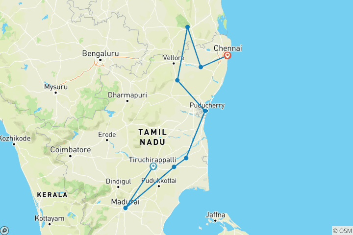 Carte du circuit 09 jours de visite des temples de l'Inde du Sud