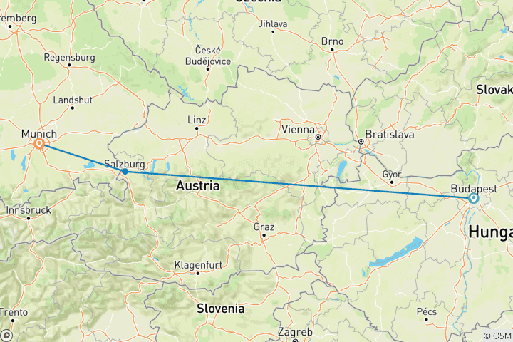 Karte von 10-tägige Reise mit dem Zug durch Budapest, Salzburg und München