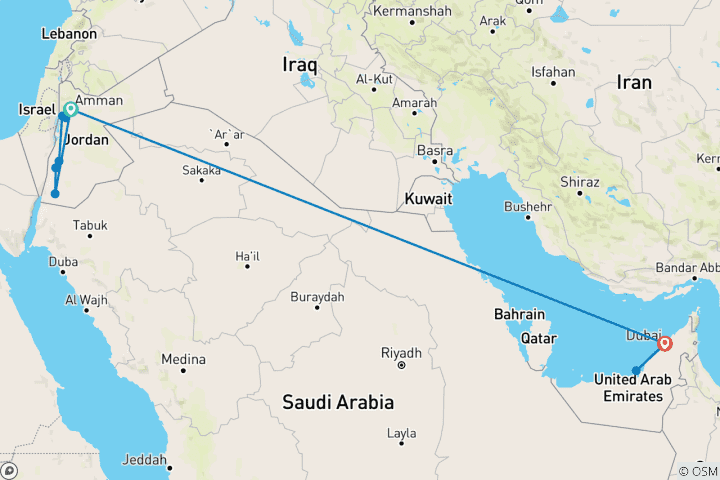 Karte von Jordanien und Dubai Reisekombination