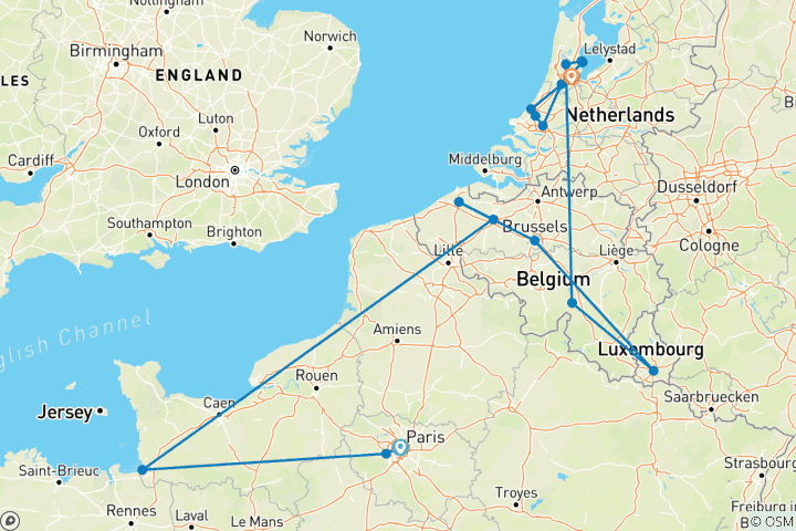 Map of 12-Day Central Europe Discovery by Train: Paris, Brussels & Amsterdam