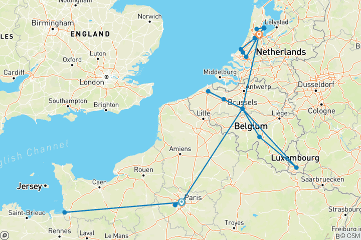 Carte du circuit 12 jours de découverte de l'Europe centrale : Paris, Bruxelles et Amsterdam
