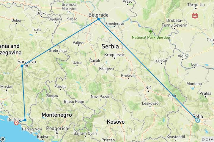 Map of Balkan Express - Northbound. Bulgaria, Serbia, Bosnia & Herzegovina, Croatia