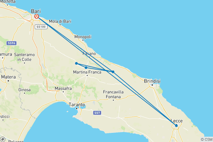 Carte du circuit Les Pouilles en train - 7 jours