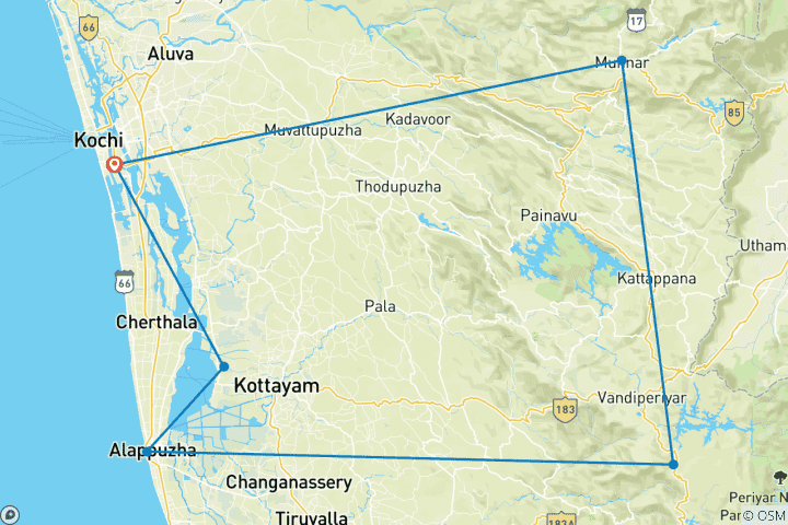 Carte du circuit Circuit privé de 8 jours au Kerala : Les collines de thé de Munnar, Alleppey Houseboat, Periyar Safari & Kumarakom