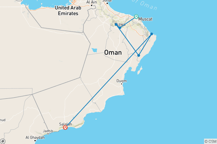 Kaart van Aangepaste 12-daagse privéreis door Oman, dagelijkse start & exclusieve gids