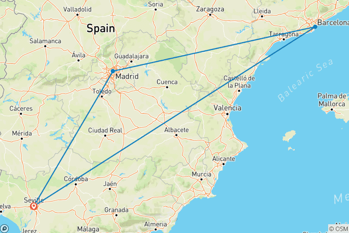 Map of The best of Madrid & Barcelona from Seville in 3 days