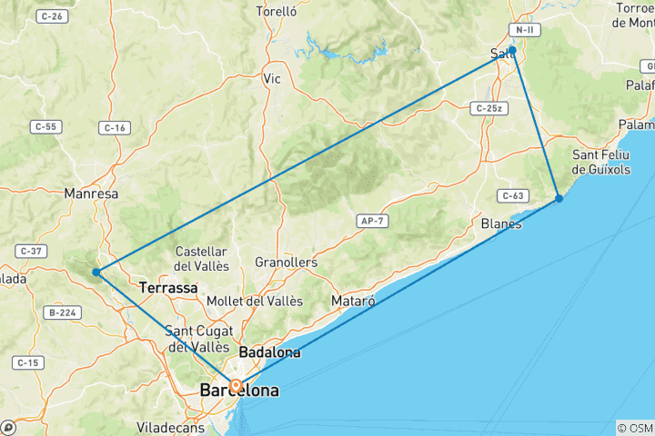 Map of Montserrat, Girona and Costa Brava in 2 days from Barcelona